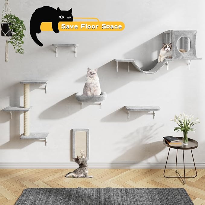 NUNU LAB Wall Mounted Cat Climber Set, 6 Pcs Cat Furniture Set with House, Bridge, Steps, Scratcher Board and Hammock, Shelves for Indoor, Luxury Walls Furniture(Gray)