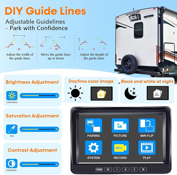 Dual RV Backup Camera Wireless with Magnetic - Recording 1080P HD Solar Rear View Camera Install-Free 7 Inch Touch Button Monitor No-Delay Signal for Truck Trailer YWD-902