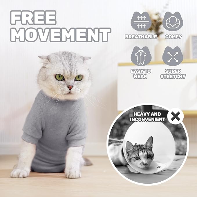 Breathable Cat Recovery Suit for Female/Male, Anti-Licking Kitten Onesie - Cat Surgery Pajamas with Sleeve After Spay, Prevent Shedding, Abdominal Wounds, Skin Diseases or E-Collar Alternative