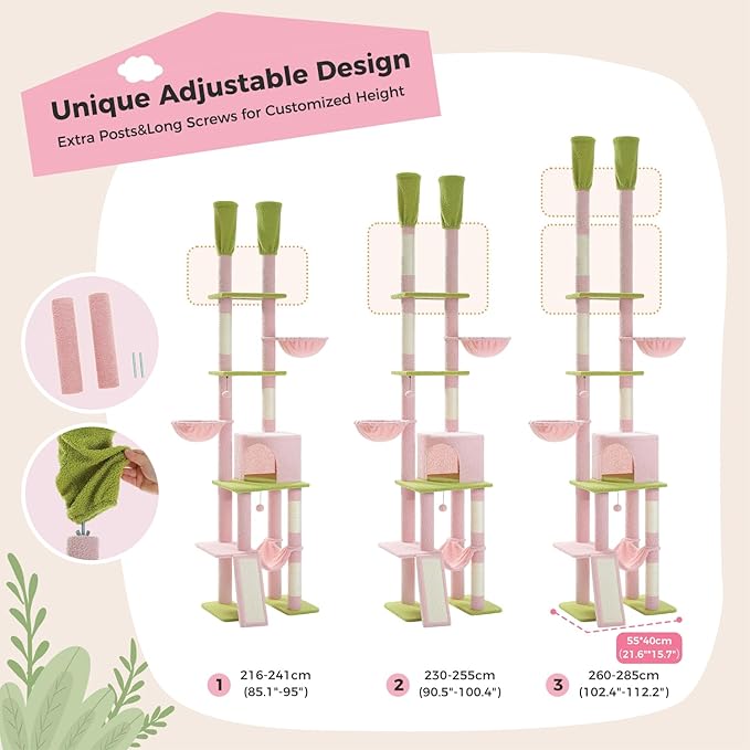 PAWZ Road Pink Cat Tree, Floor to Ceiling Cat Tower with Adjustable Height(85-112 Inches), 7 Tiers Climbing Activity Center with Cozy Hammocks, 5 Platforms and Scratching Posts for Indoor Cats-Pink
