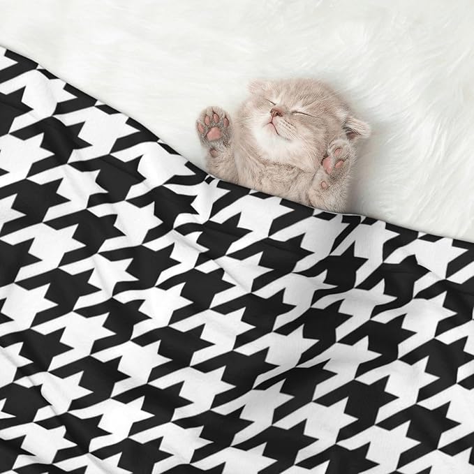 Double Sided Pet Mat for Dog Bed Topper Cat Blanket Furniture Protector, Black and White Houndstooth, Reversible Plush with Tactile Dot Pattern for Style Change