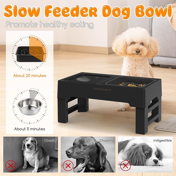 URPOWER 2-in-1 Elevated Slow Feeder Dog Bowls with No Spill Dog Water Bowl 4 Height Adjustable Raised Dog Bowl Non-Slip Dog Food and Water Bowls with Stand for Small Medium Large Dogs, Cats and Pets