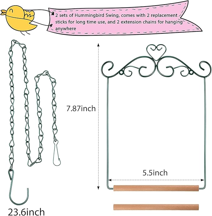 2 Pcs Hummingbird Swings and Perches Metal Frame Bird Swing with 2 Replacement Wooden Dowel and 2 Hanging Chain for Outdoor Bird Feeders, Planters, Lanterns Ornaments(Dark Green)
