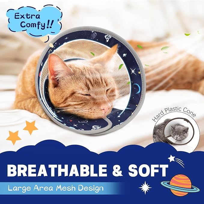 Breathable Air Mesh Cat Cone Collar Soft - Adjustable Recovery Collar to Stop Licking After Surgery, Foldable Lightweight E-Collar for Cats & Kittens (Sky Star, S)
