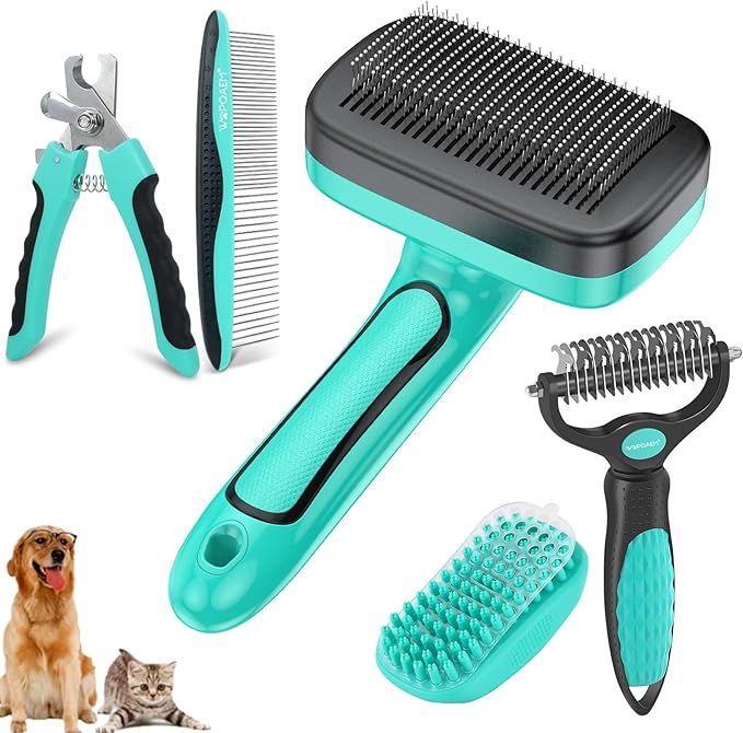 Dog Brush Kit for Grooming Short & Long Haired Dogs & Cats, 5 in 1 Pet Grooming Set for Small Animals, 5 PCS Puppy Self-Cleaning Slicker Brush and Pet Comb for Shedding Medium & Large Dogs