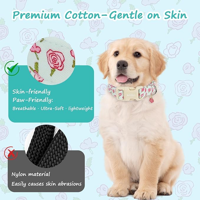 Dog Collar for Extra Small Dogs, Spring &Summer Theme Blue Small Dog Collars with Pink Rose Pattern, Adjustable Puppy Dog Collars, Cute Girl or Boy Dog Collar Ideal for Gifts,Pet Accessory