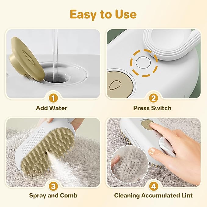 LunaSync Cat Steam Brush for Shedding, 4 in 1 Rechargeable Pet Grooming Brush for Cats and Dogs, Anti-Static Deshedding Tool with Massage & Cleaning, Comb for Long Short Hair - White