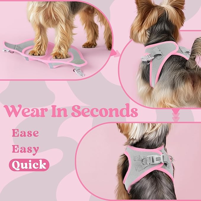 rabbitgoo Small Dog Harness, Step-in Soft Mesh Puppy Vest with Safety Buckle, Breathable Reflective Pet Harness for Small Sized Dogs, Pink & Gray XS
