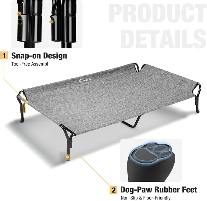 Veehoo Cooling Elevated Dog Bed, Guardrail Raised Pet Cot, Indoor & Outdoor XXL Pet Bed with Washable & Breathable Teslin Mesh, Non-Slip Feet, Dog Couch Bed, 62.5" x 37", Black Silver