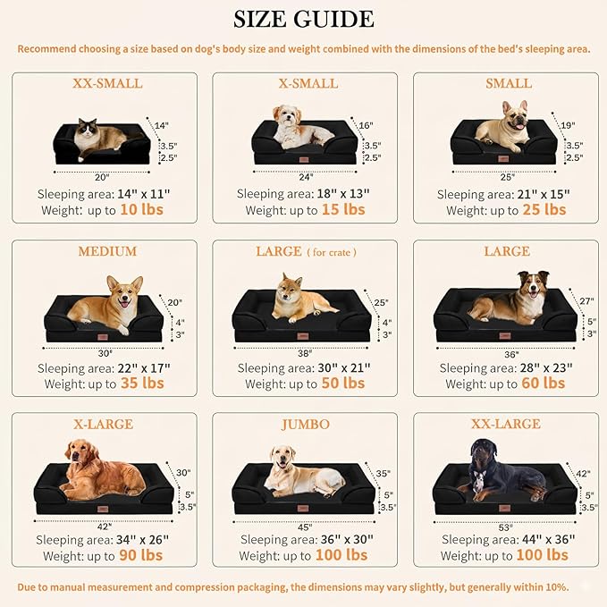 Comfort Expression Orthopedic Dog Bed for Medium Dogs 28x19 Inch, Waterproof Supportive Egg Crate Foam Medium Pet Bed with Removable Bolsters, Dog Couch with Washable Cover & Non-Slip Bottom, Black