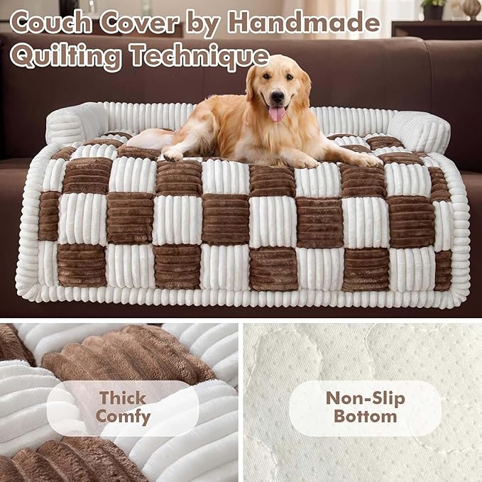 Dog Couch Cover Protector, Pet Couch Covers for Sofa, Dog Couch Cover Fuzzy Sofa Cover Cream Square Plaid Dog Bed Plush Dog Mat for Furniture Protector for Large Medium Dogs and Cats
