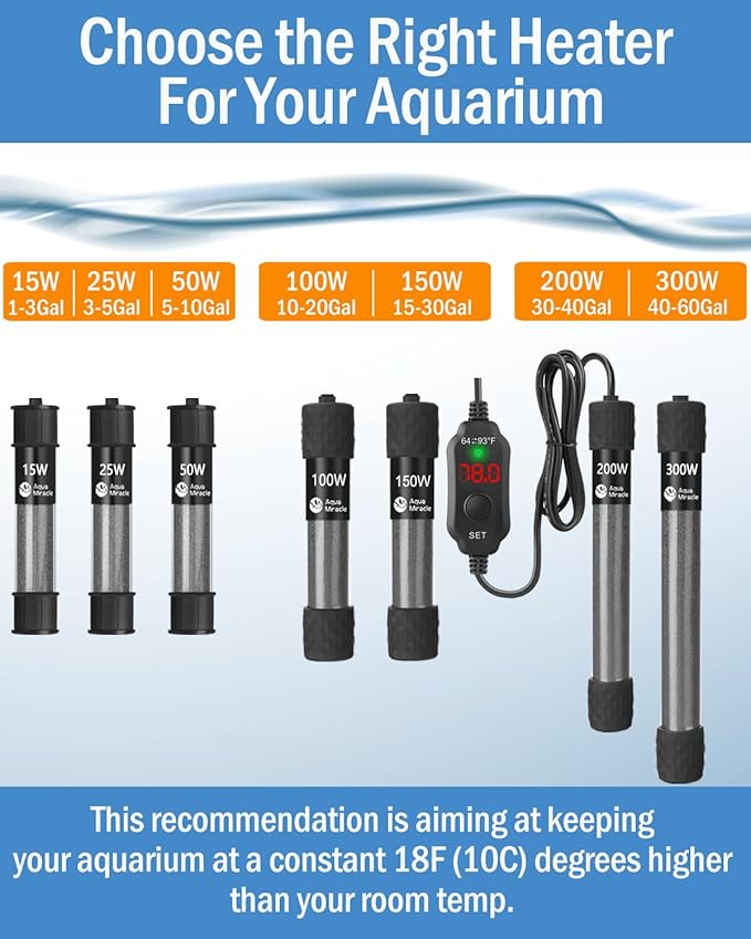 AquaMiracle Adjustable 300W Aquarium Heater Submersible Fish Tank Heater Super Short Aquarium Heater with LED Digital Display Thermostat, for Tanks 40-60 Gallons