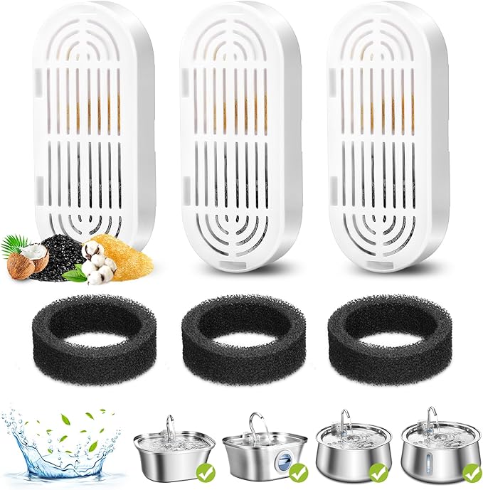 Cat Water Fountain Filters, 3 Pack Replacement Filters & Replacement Pre-Filter Sponges for Stainless Steel Pet Fountain with Water Level Window, Fountain Carbon Filters for Dog Water Dispenser Bowl