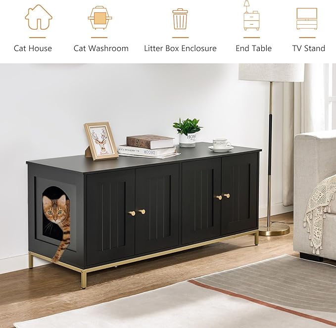 Homhedy Cat Litter Box Enclosure for 2 Cats, Cat Washroom Furniture with Double Room, Pet House with Metal Frame, 47.2”L x 17.7”W x 21.7”H, Black and Gold