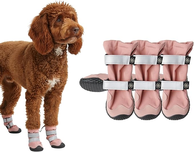 Spark Paws Dog Shoes, Waterproof Dog Boots for Medium to Large Dogs, Non Slip, Breathable Dog Booties and Paw Protectors - 4PCS Doggie Hiking Boots with Reflective Straps - Pink - Size 4