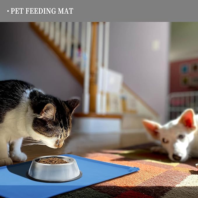 Waterproof Pet Feeding Mat with High Raised Edges, Heavier and Thicker Placemats for Cat Dog Water Bowl with BPA Free, Dogs Cats Food Mats for Messy Drinkers to Prevent Spill and Protect Floors