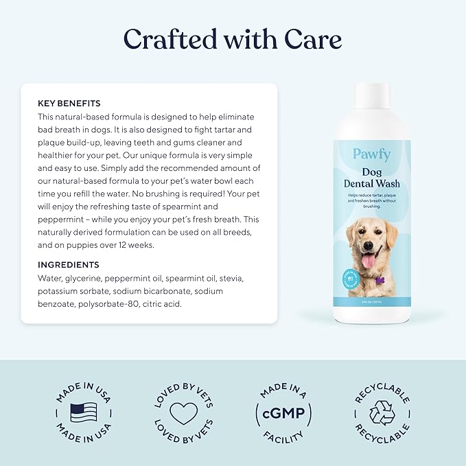 Pawfy Dog Breath Freshener with Specialized Dental Care Formula | Dog Teeth Cleaning & Mouthwash | Helps Freshen Dogs Breath with Easy Water Additive | Supports Plaque and Tartar Control