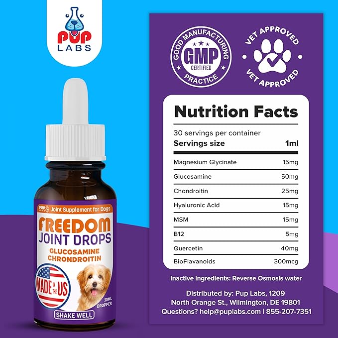 Freedom Joint Drops - Dog Joint Support Supplement with Human-Grade Ingredients - No Fillers, Preservatives, Additives, or Artificial Ingredients, 3 30 ml Droppers