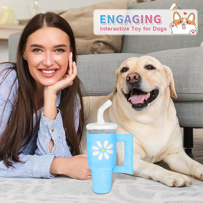 Squeaky Dog Toy - Crinkle Pup Cup Tumbler Plush Dog Toy with Cute Daisy Design for Small Medium Breeds, Funny Interactive Puppy Birthday Gift (Blue)