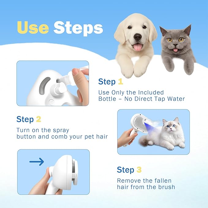 4-in-1 Pet Grooming Steam Brush for Cats & Dogs – Steam Spray, Blue Light, Hair Removal, Self-Cleaning Comb – Includes Pet Waterless Shampoo