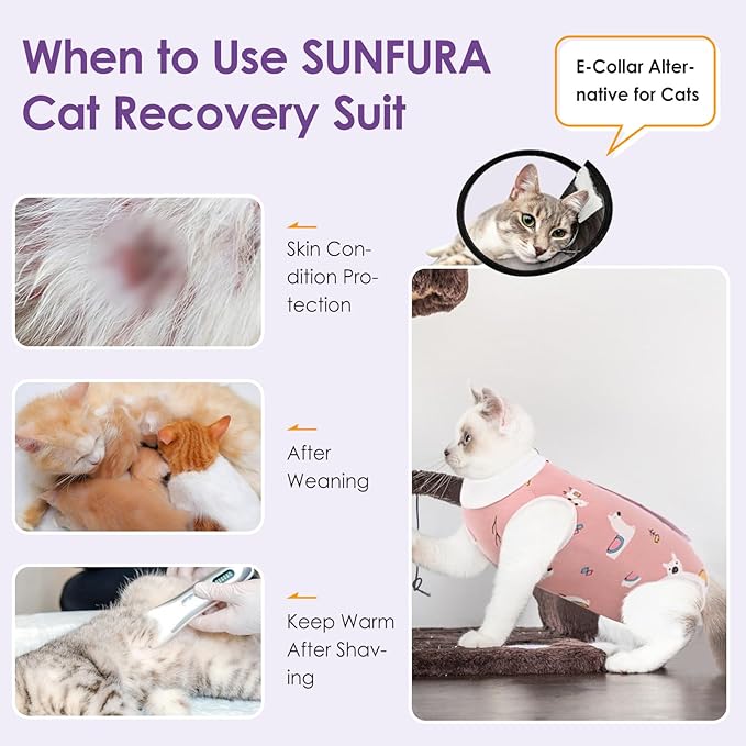 SUNFURA Cat Recovery Suit, Kitten Surgical Full Bodysuit for Abdominal Wound Protector Anti Licking After Surgery, Professional Bandages Cone E-Collar Alternative for Small Male & Female Pets