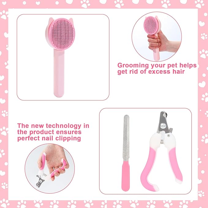 VCZONE 8 Pcs Cat Brush Grooming Kits, Pet Self Cleaning Kit with Pet Nail Clipper and File, Flea Comb, Pet Shampoo Bath Brush, Pet Shedding Brush, Silicone Toothbrush (Pink)