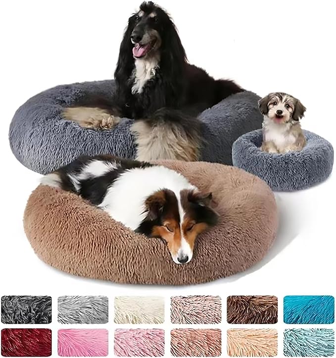 Calming Dog Bed for Small Dogs, Calming Donut Cuddler Pet Bed Anti Anxiety Round Dog Bed Fluffy Plush Faux Fur Cat Bed,Black+White,35.5IN