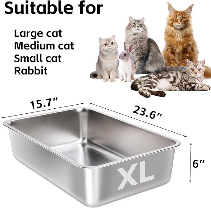 Stainless Steel Litter Box -6in High Sided,XL Metal Cat Litter Box for Big Cats Easy to Clean, Cat LitterBox Metal Pet Toilet for Adult Big Cats,Non Stick, No Smell,23.6"x15.8"x6"