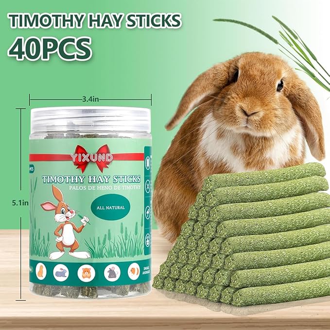 Timothy Hay Sticks Treats for Rabbits & Other Small Pets - 40pcs Natural Handmade Chew Toys