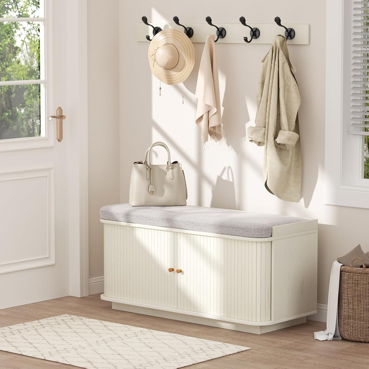 Cream White 39.4" W 2-Tier Shoe Bench with Storage | Entryway Bench with Padded Cushion, Sliding Doors & 5 Hooks