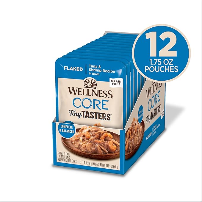 Wellness CORE Tiny Tasters Minced Adult Wet Cat Food, Natural, Protein-Rich, Grain Free, 1.75-Ounce Pouch, 12 Pack, (Tuna & Shrimp)