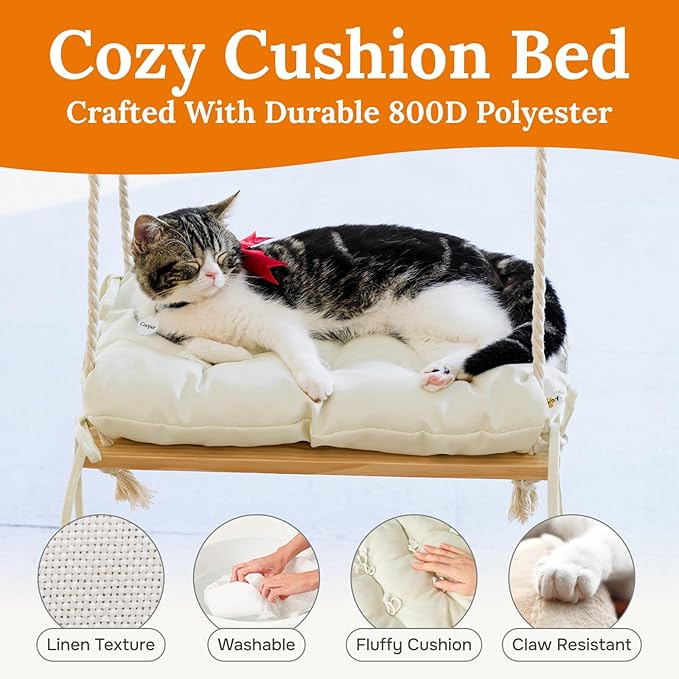 Cat Window Perch - Hammock Bed for Cats Inside - Solid Wood Seat, 4 Strong Suction Cups, Soft Cushion - Rustic Indoor Pet Shelf