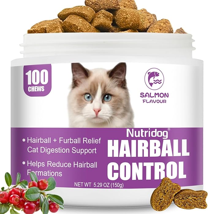 Hairball Treats for Cats - Hairball Remedy Chews with Omega 3&6, Psyllium Husk, Zinc & Biotin - Salmon Flavor for Hairball Control, Digestive Health & Skin Support, 100ct (ND-044)