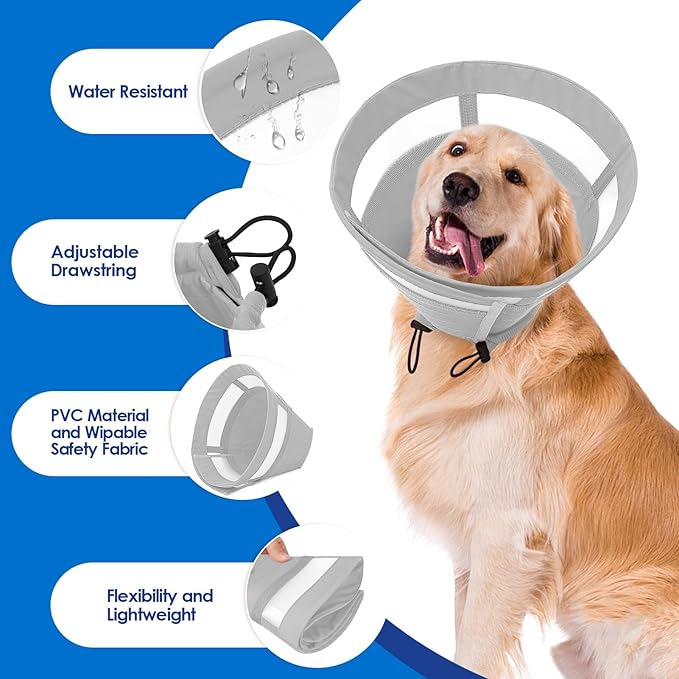 SAWMONG Soft Dog Cone for Large Dogs, Adjustable Pet Recovery Collar to Stop Licking, Comfy Elizabeth E-Collar for Dogs After Surgery Alternative (XL,Grey)