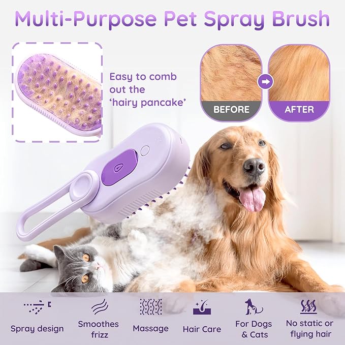 GKZ Cat Steam Brush, 3 in 1 Pet Comb for Massage, Cleaning, Shedding and Combing, Electric Mist to Prevent Flyaways for Home, Dogs and Cat Lovers - Purple
