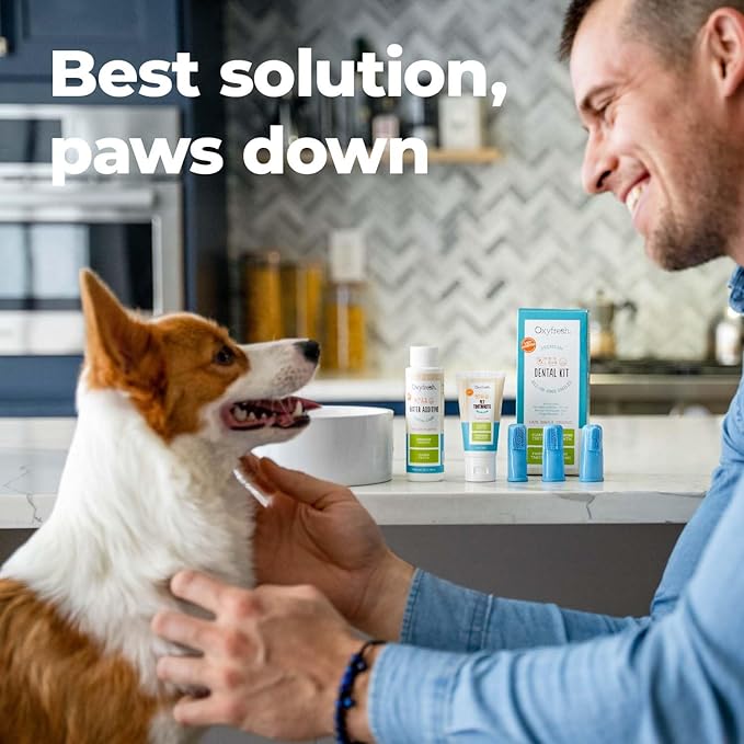 Oxyfresh Premium Pet Dental Kit for Dogs & Cats – Easy Solution for Dog and Cat Fresh Breath, Clean Teeth, Control Plaque & Tartar – Vet Formulated Pet Toothpaste 4oz + Water Additive 16oz Kit