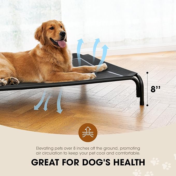 Elevated Dog Bed, Raised Outdoor Dog Bed for Medium Sized Dog, Portable Cooling Pet Cot with Breathable & Washable Mesh, Indoor & Outdoor Pet Hammock with Skid-Resistant Feet.
