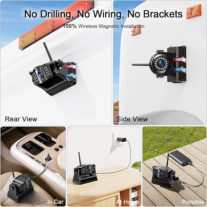 Fookoo HD 10" Magnetic Wireless Backup Camera,10" IPS Split Screen Monitor, Rechargeable 2 Side View 1 Rear View Cameras,Low Consumption 1-Min Install No Drilling Recording for Trailer Truck DCX103