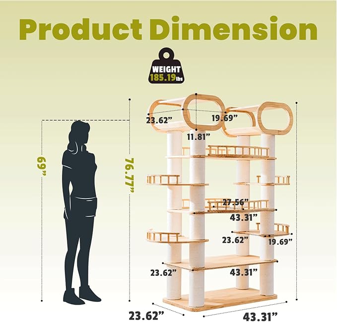 76.8'' Modern Cat Tree, Tall Cat Tower for Indoor Cats, Pine Wood Climb Tower with 2 Removable Mats, Heavy Duty Cat Furniture with Fully Wrapped Scratching Post, Huge Cat Condo for Multi-Cat Families