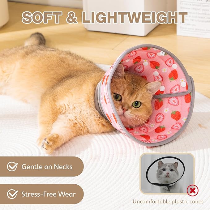 Avont Cat Cone Collar Soft to Stop Licking, Adjustable Foldable Lightweight Kitten Recovery Collar After Surgery for Small Dogs, Elizabeth Cone of Shame Alternative -Strawberry(M)
