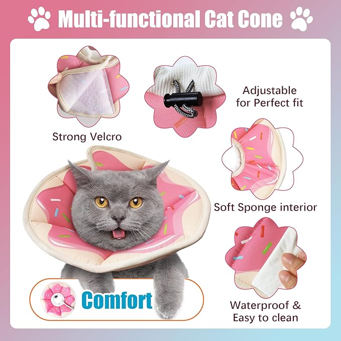 Cat Cone Collar Soft, Adjustable Cat Recovery Collar to Stop Licking After Surgery Protective E Collar for Cats Small Dogs, Dounut S