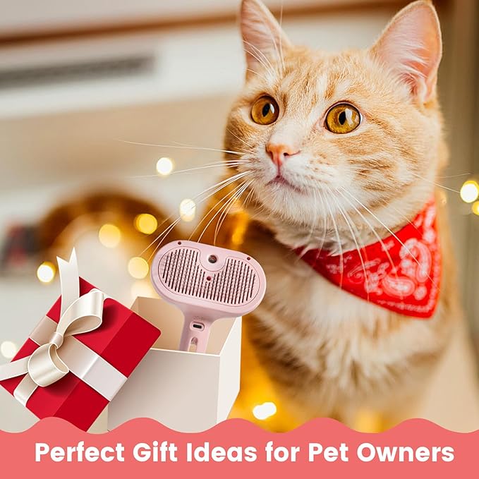 Steam Brush for Shedding Pets - Self-Cleaning Grooming Comb with Water Tank for Long & Short Haired Cats and Dogs (Pink)
