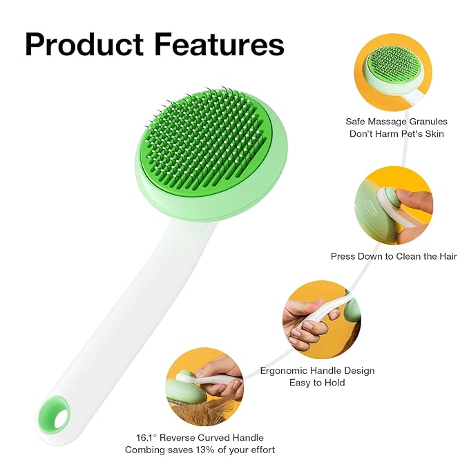 Self-Cleaning Cat Brush for Shedding & Pet Grooming - Effortlessly Removes Tangles, Loose Undercoat, and Mats for Cats & Dogs (Green)