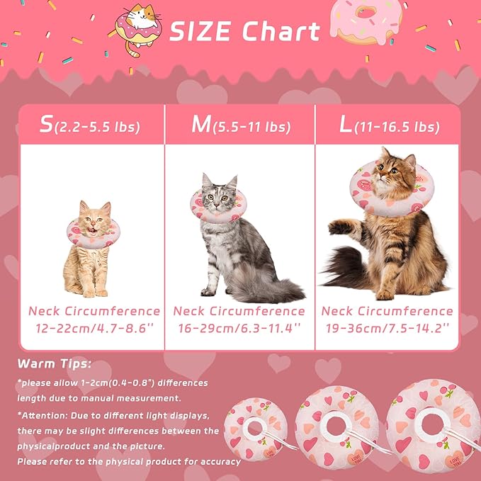 Cat Cone Soft Collar - Adjustable Recovery E Collar for Small, Medium, Large Cats - Cute Donut After Surgery, Anti-Lick Wound Healing Elizabethan for Kittens (Pink Heart, Medium)