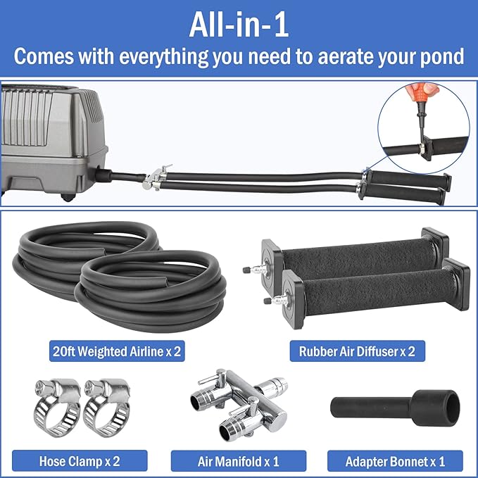 AquaMiracle All-in-One Koi Pond Aerator for Outdoor Ponds, Pond Air Pump Pond Aeration System with Self-Sinking Airline Flow Control Rubber Air Diffuser