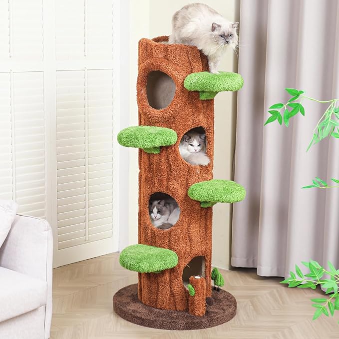 Magic Forest Cat Tree Tower, 62 inches Tall, Real Solid Wood Cat Tree for Multi-Cat Household