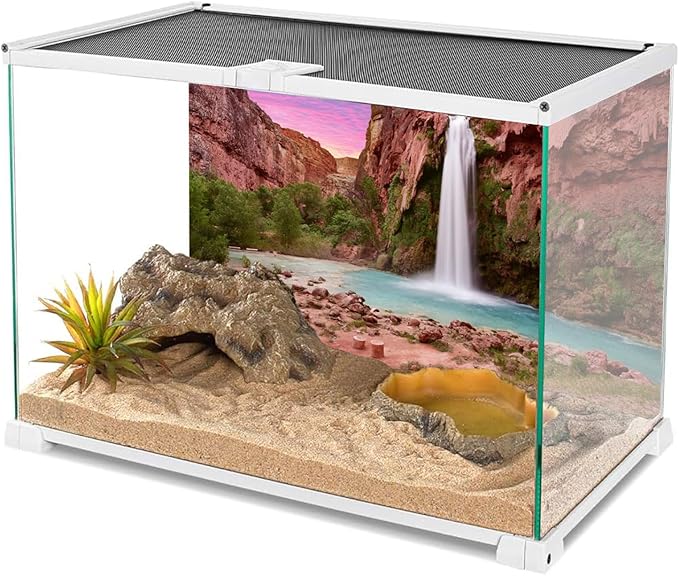 AWERT 36x20 inches Reptile Habitat Background Sunset Mountain Waterfall Terrarium Background