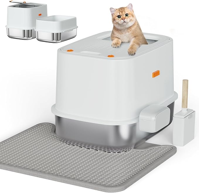 XL Stainless Steel Cat Litter Box Top Entry Extra Large Metal Litter Box with High Side for Big Cats, Multiple Cats, No Odor, Easy to Clean, Anti-Urine Leakage, Dog-Proof, Non-Sticky（Grey）