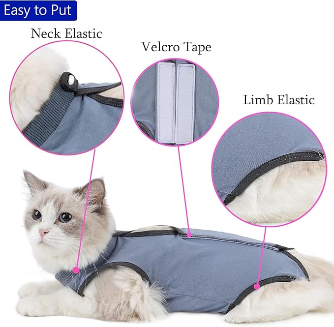Cat Surgery Recovery Suit Cat Onesie for Cats After Surgery Spay Surgical Abdominal Wound Skin Diseases E-Collar Alternative Wear (Grey-Blue-L)