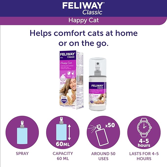 FELIWAY® Classic Cat Calming Spray, 60ml - Comforts Cats at Home and On the Go and Helps to Calm During Travel
